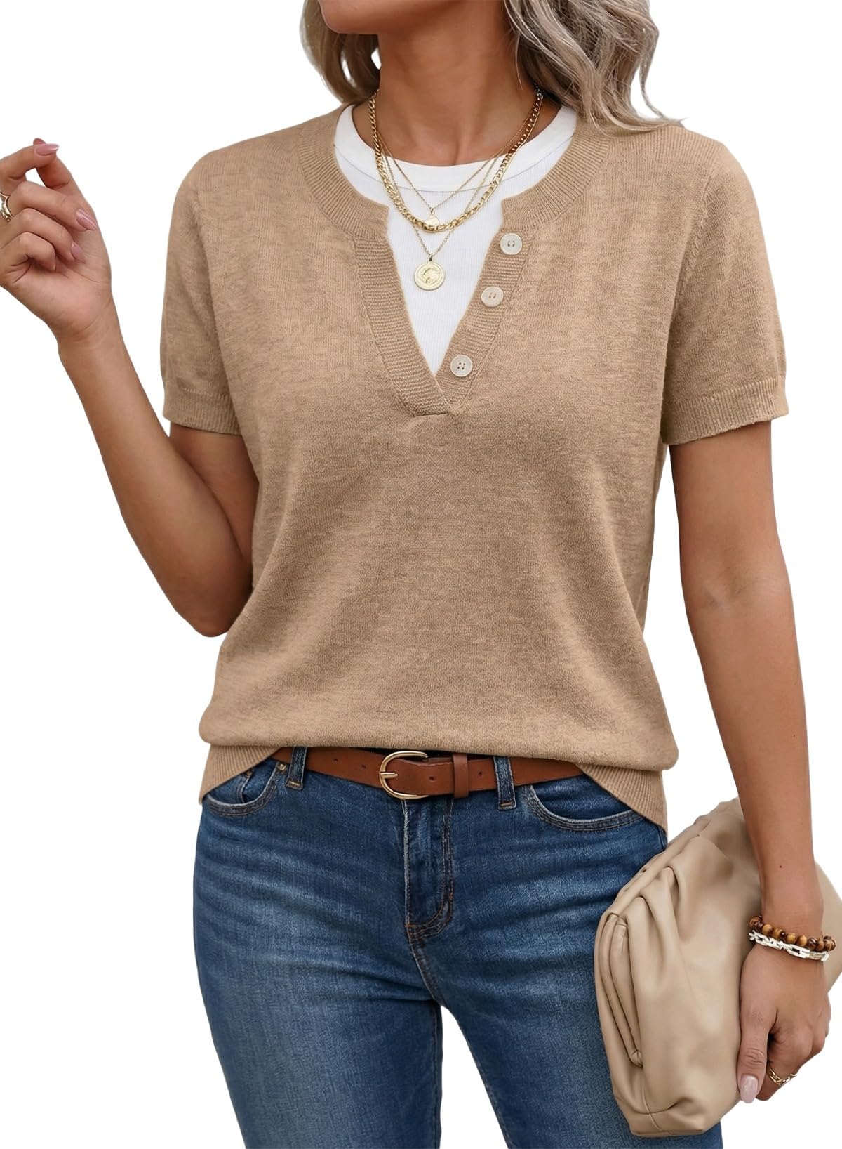 SHEWIN Womens Lightweight Short Sleeve Sweaters Fall Layered Knit Tops