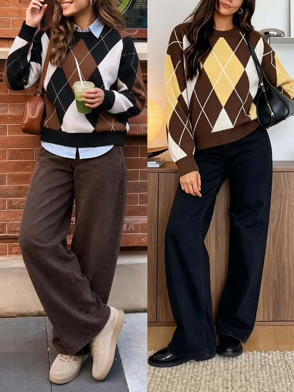 Cicy Bell Sweaters for Women Argyle Plaid Color Block Knit Pullover Tops