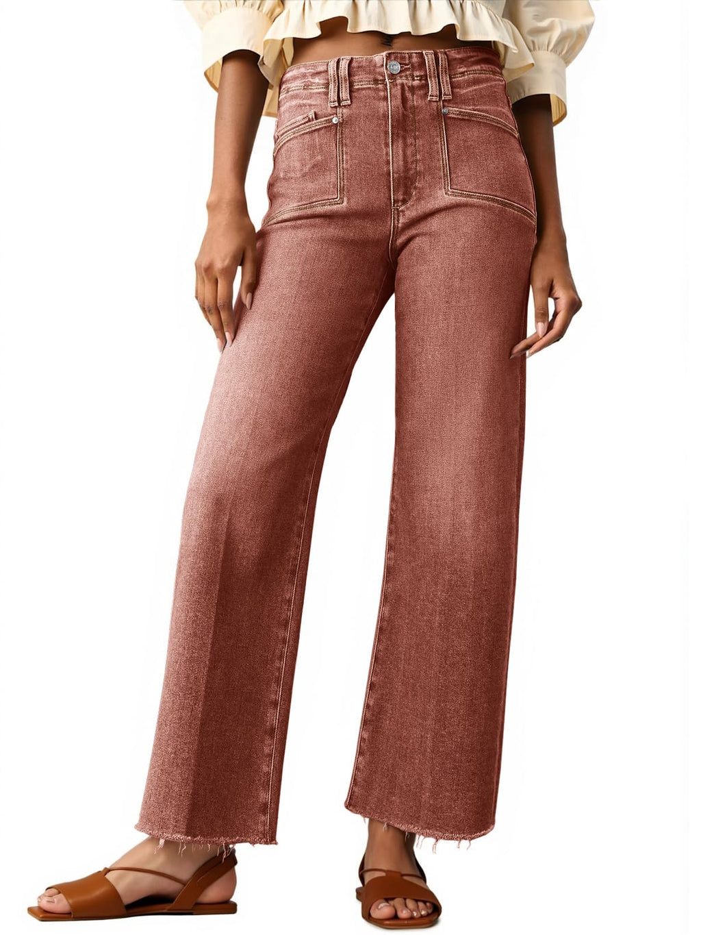 Cicy Bell Womens High Waisted Cropped Jeans Straight Leg Raw Hem Denim Pant