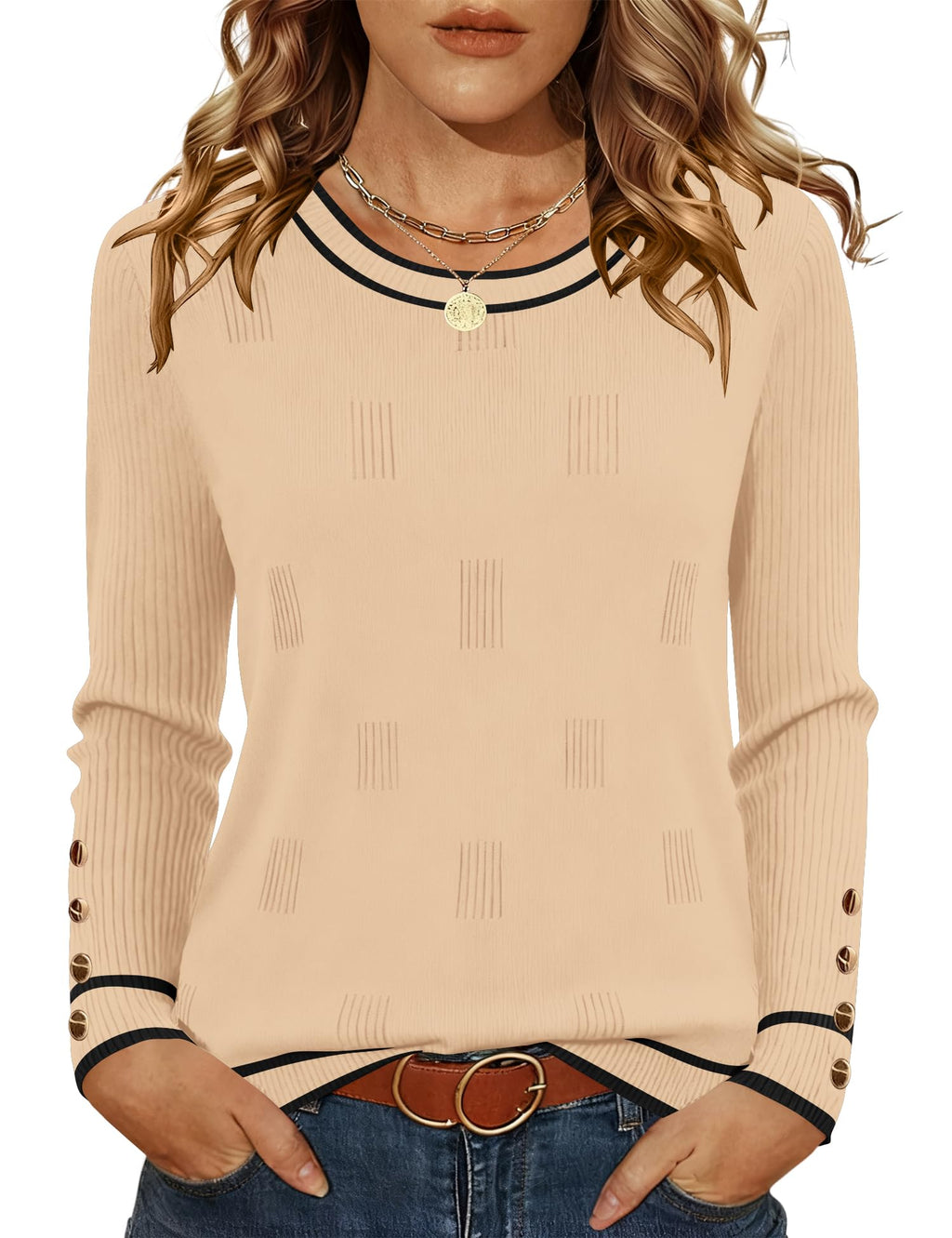 AKEWEI Womens Sweaters Long Sleeve Crew Neck Lightweight Knit Pullover Tops with Decorative Buttons