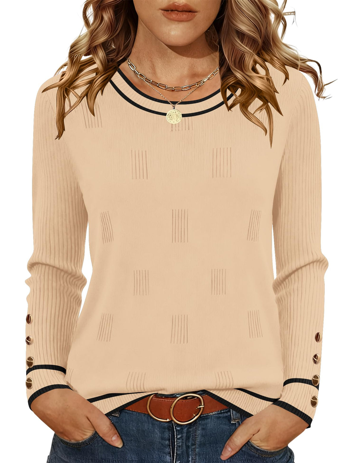 AKEWEI Womens Sweaters Long Sleeve Crew Neck Lightweight Knit Pullover Tops with Decorative Buttons