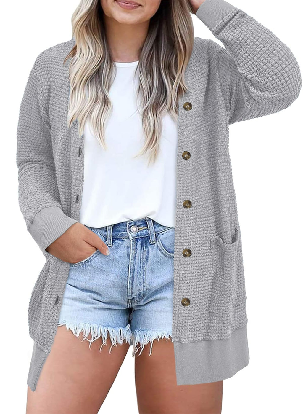 Eytino Womens Plus Size Waffle Knit Button Down Cardigans(1X-5X)