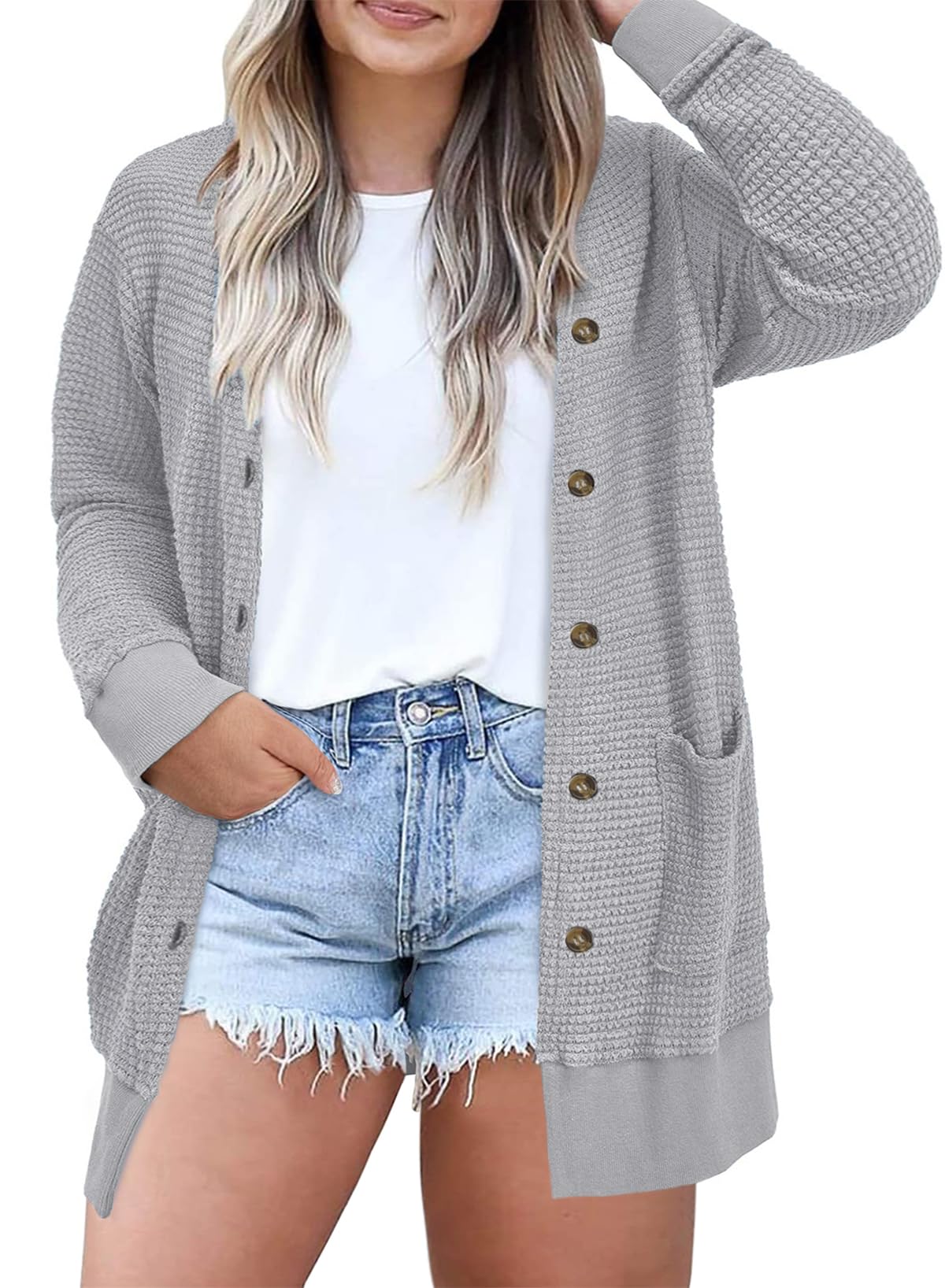 Eytino Womens Plus Size Waffle Knit Button Down Cardigans(1X-5X)
