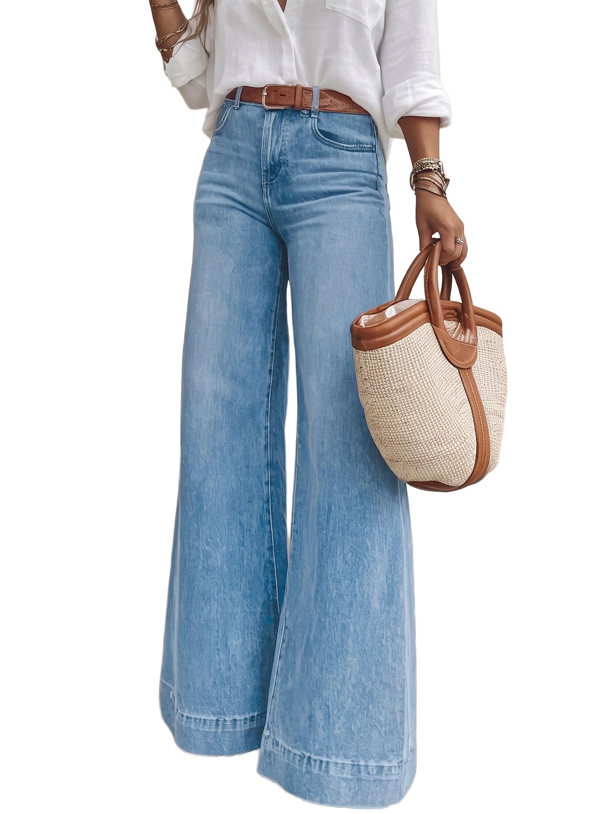 SHEWIN Flare Jeans for Women Wide Leg High Waisted Strechy Loose Casual Denim Pants with Pockets