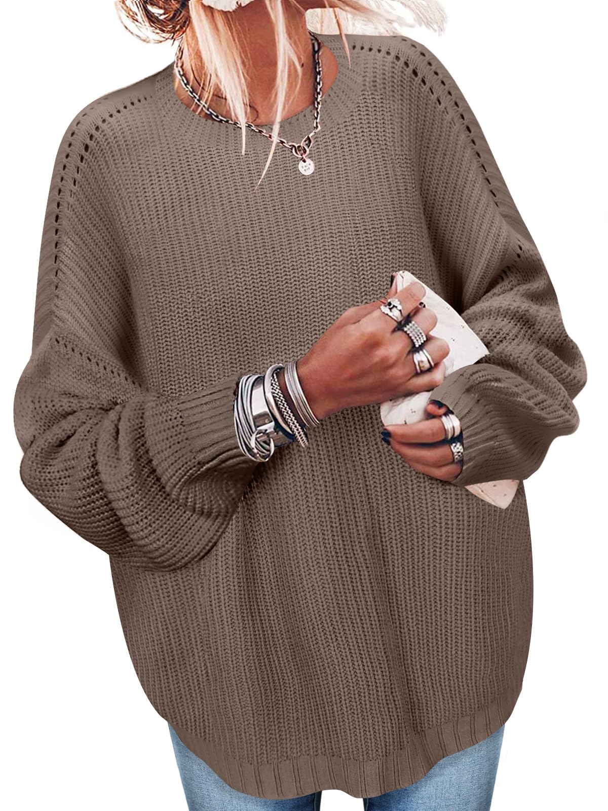 Sweaters for Women Oversized Casual Knit Ribbed Pullover Tunic Tops S-3XL