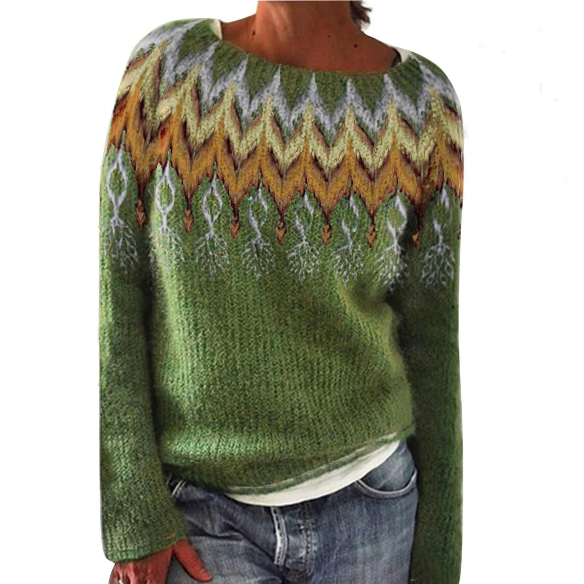 Fair Isle Sweater Women Boho Knitted Vintage Sweaters Casual Crewneck Long Sleeve Lightweight Cropped Pullover Tops