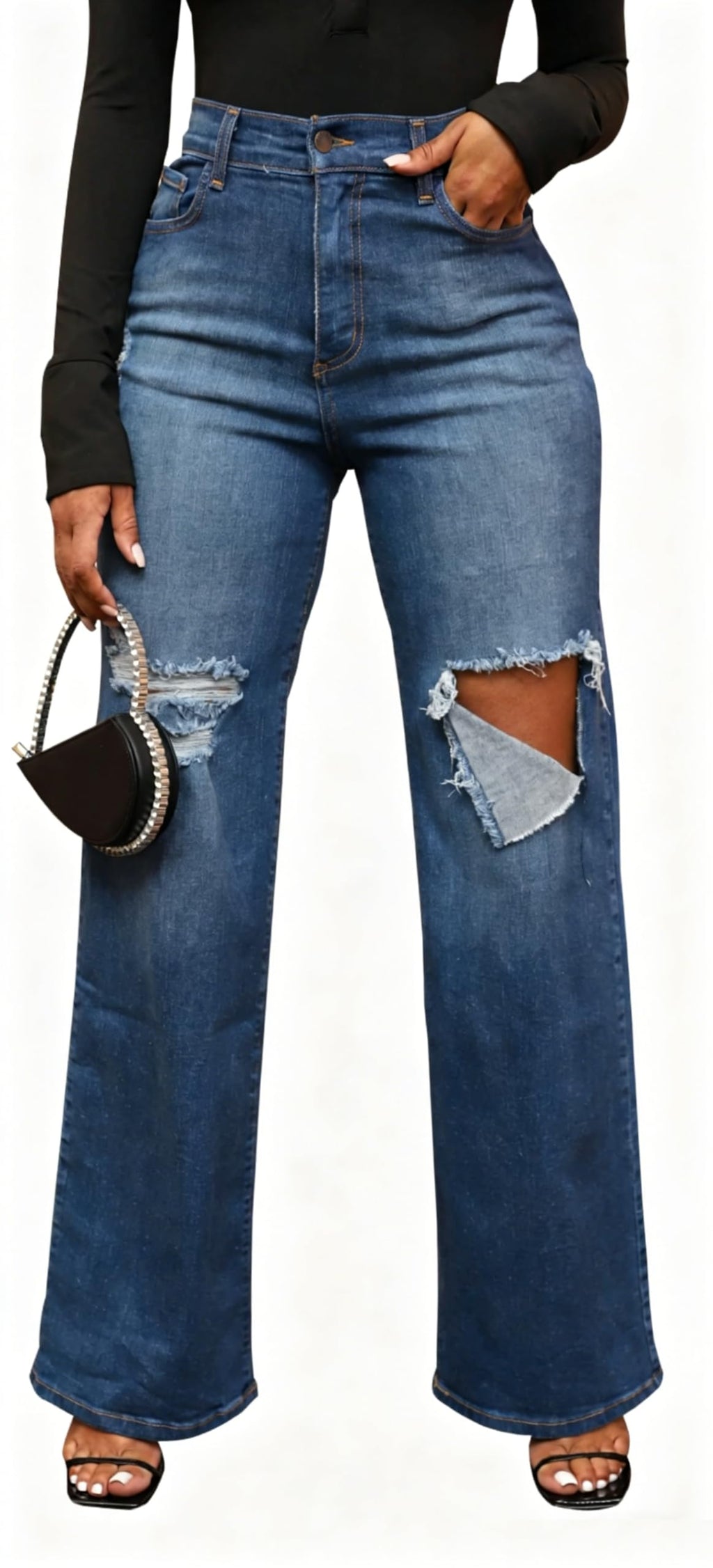 KnoInt Women's Wide Leg Straight Jeans High Waisted Baggy Stretch Loose Denim Pants