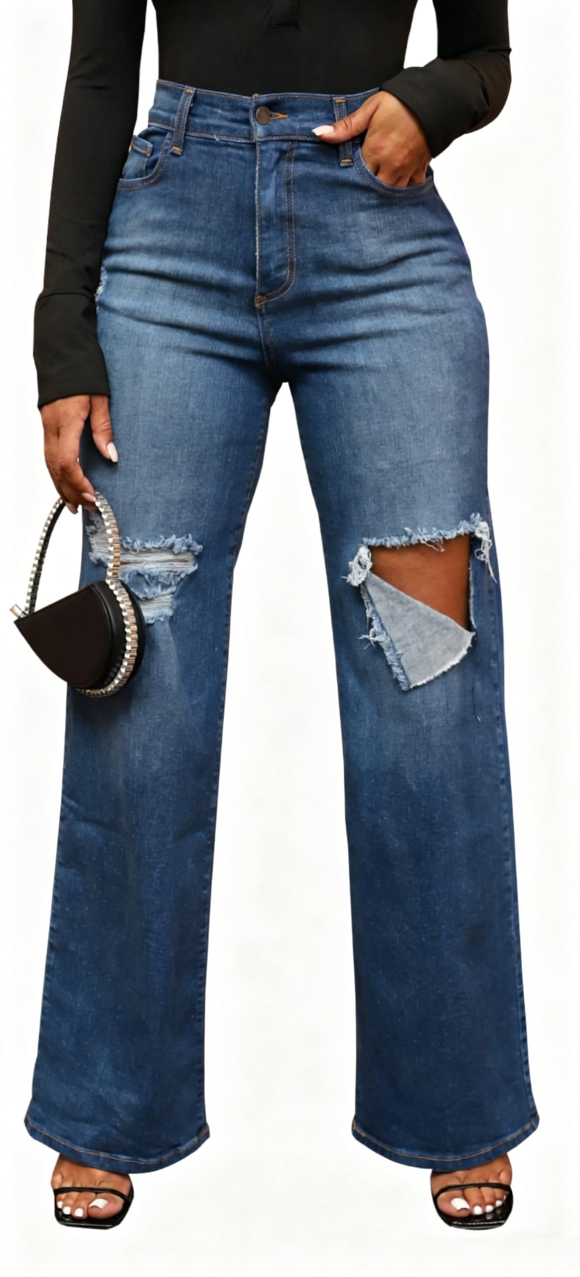 KnoInt Women's Wide Leg Straight Jeans High Waisted Baggy Stretch Loose Denim Pants