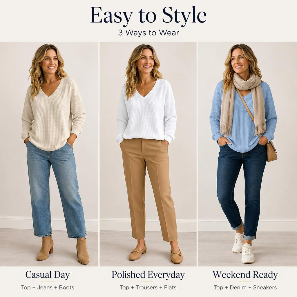 Women’s Lightweight Waffle Knit Sweater V-Neck Loose Fit Pullover