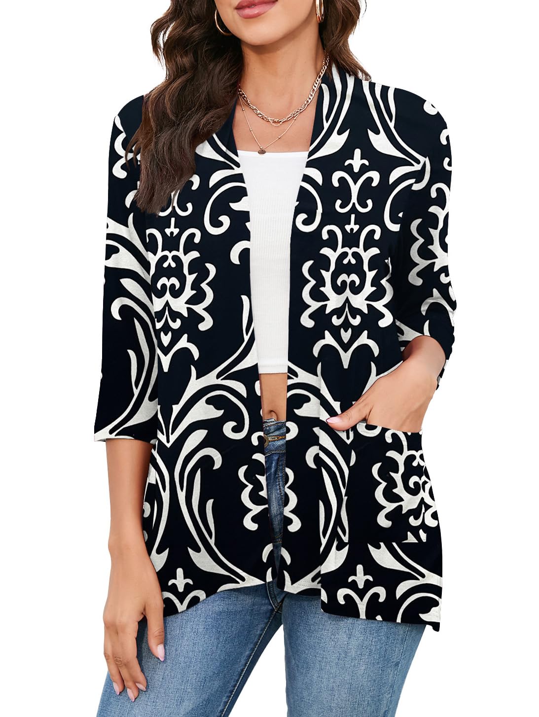 HIYIYEZI Womens Casual Lightweight Cardigans with Pockets 3/4 Sleeve Open Front Dusters
