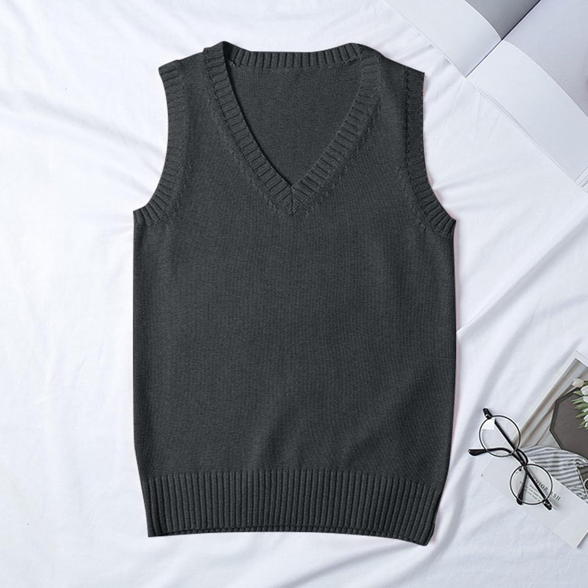 Sweater Vest for Women V Neck Sleeveless Ribbed Trim Solid Knit Casual Layering Daily Tank Vest