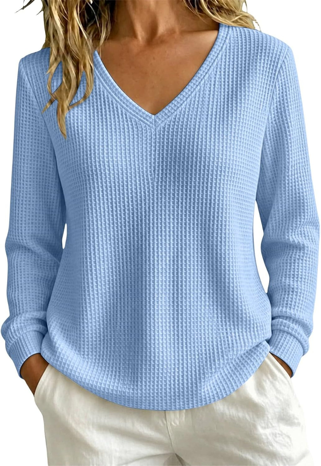 Women’s Lightweight Waffle Knit Sweater V-Neck Loose Fit Pullover