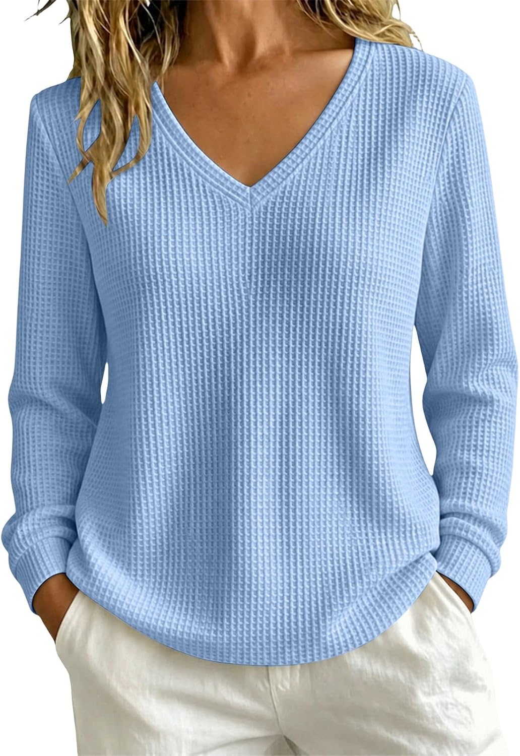 Women’s Lightweight Waffle Knit Sweater V-Neck Loose Fit Pullover