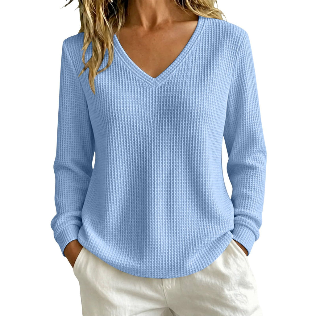 Women’s Lightweight Waffle Knit Sweater V-Neck Loose Fit Pullover