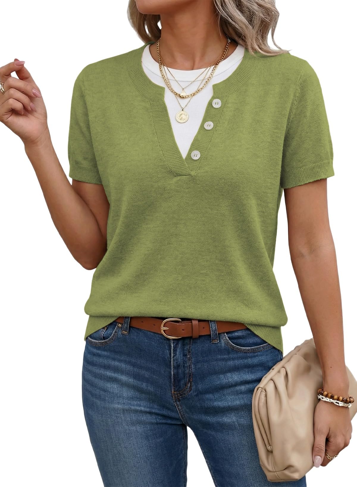 SHEWIN Womens Lightweight Short Sleeve Sweaters Fall Layered Knit Tops
