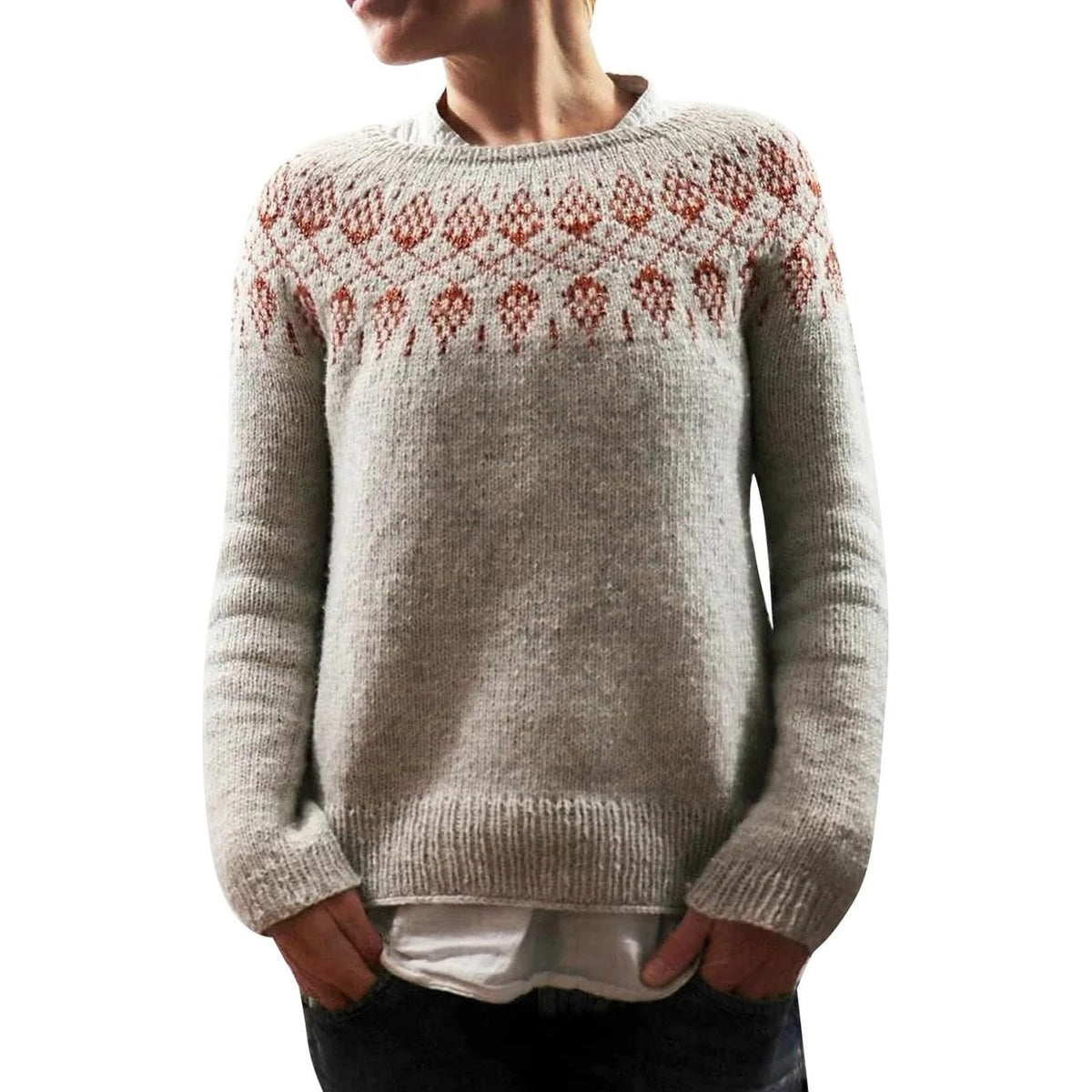 Fair Isle Sweater Women Boho Knitted Vintage Sweaters Casual Crewneck Long Sleeve Lightweight Cropped Pullover Tops