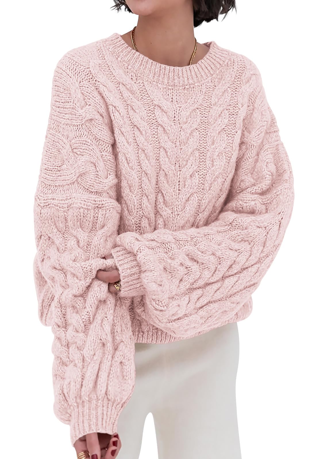 PRETTYGARDEN Womens Sweaters Fall 2026 Cable Knit Long Sleeve Crewneck Oversized Sweater Chunky Pullover Loose Outfits