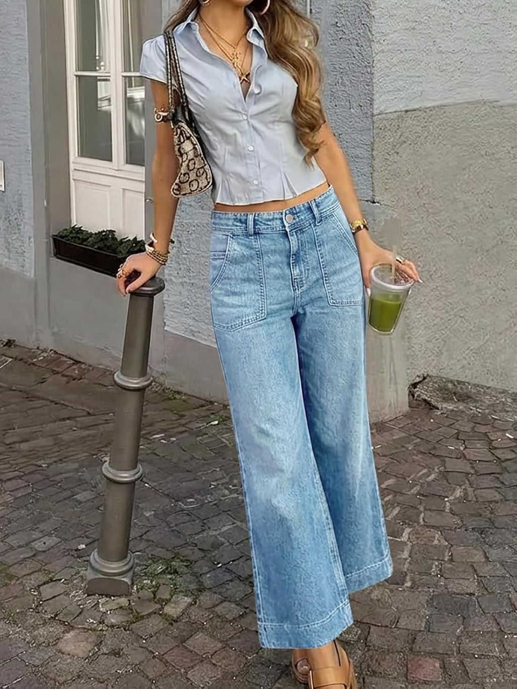 Cicy Bell Womens Cropped Wide Leg Jeans High Waisted Stretchy Denim Pants