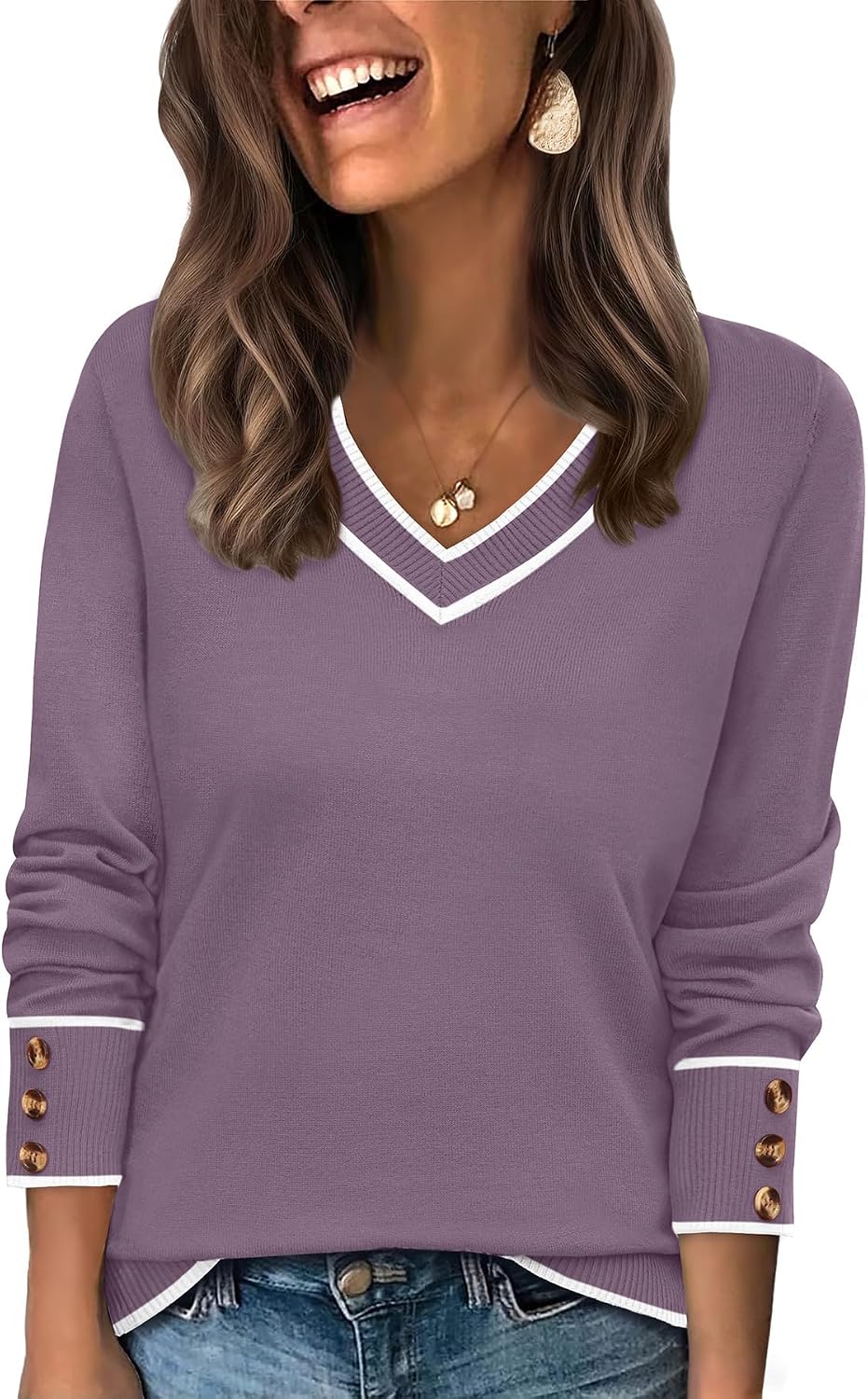 WIHOLL Lightweight Sweaters for Women Long Sleeve V Neck Knit Outfits with Decorative Buttons