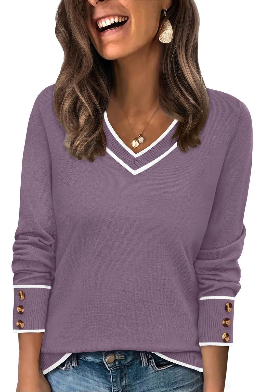 WIHOLL Lightweight Sweaters for Women Long Sleeve V Neck Knit Outfits with Decorative Buttons
