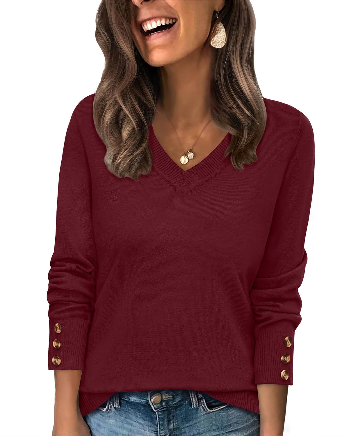 WIHOLL Lightweight Sweaters for Women Long Sleeve V Neck Knit Outfits with Decorative Buttons