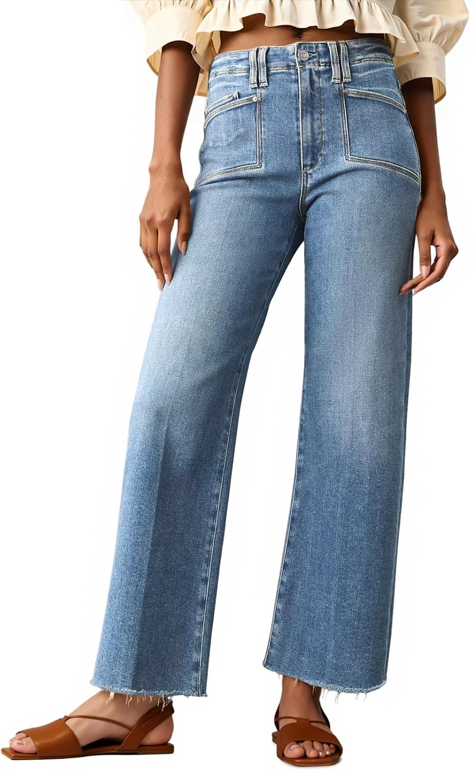 Cicy Bell Womens High Waisted Cropped Jeans Straight Leg Raw Hem Denim Pant