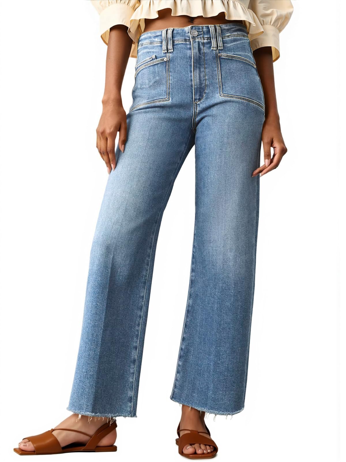 Cicy Bell Womens High Waisted Cropped Jeans Straight Leg Raw Hem Denim Pant