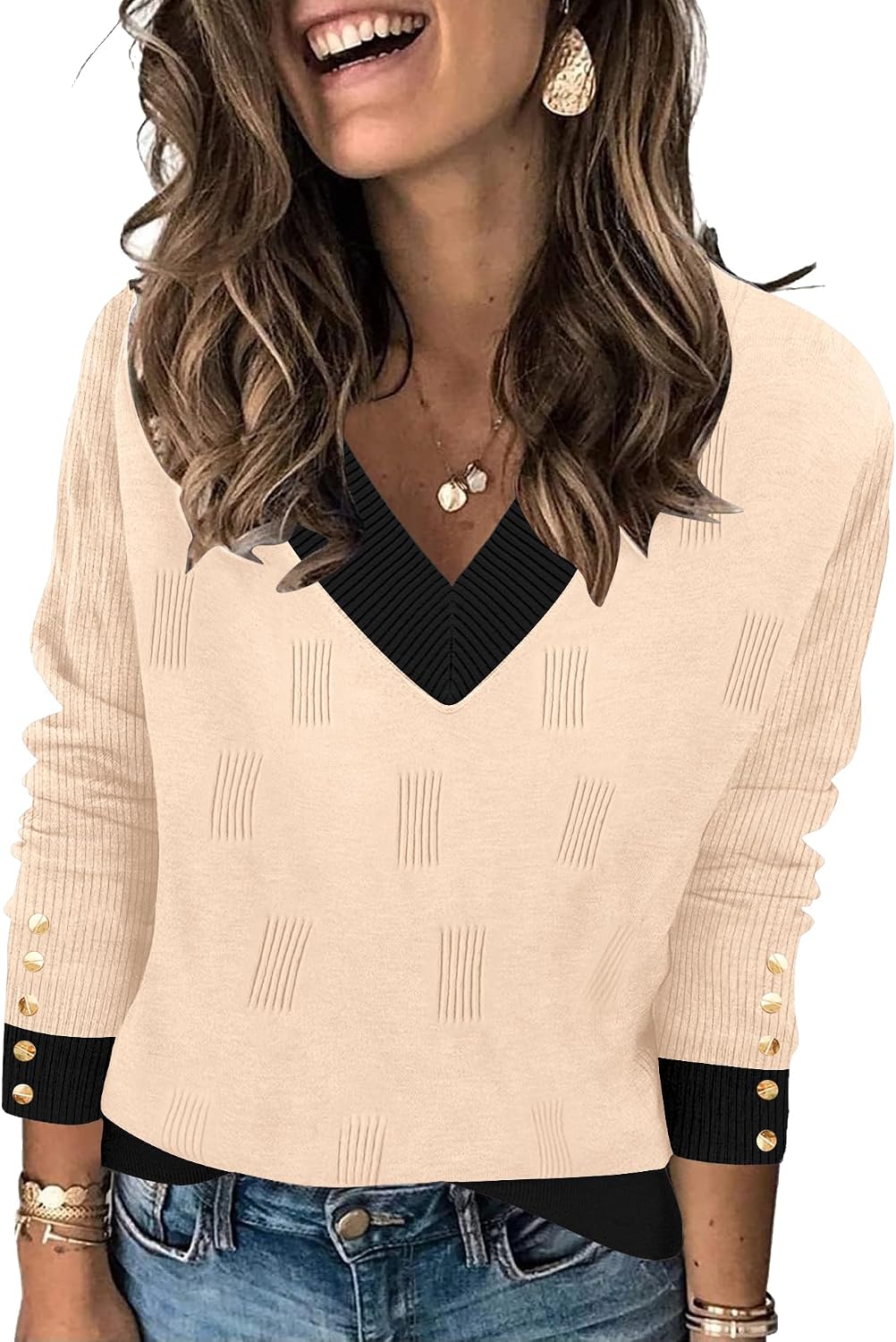 AKEWEI Womens V Neck Sweaters Long Sleeve Lightweight Knit Pullover Tops with Decorative Buttons