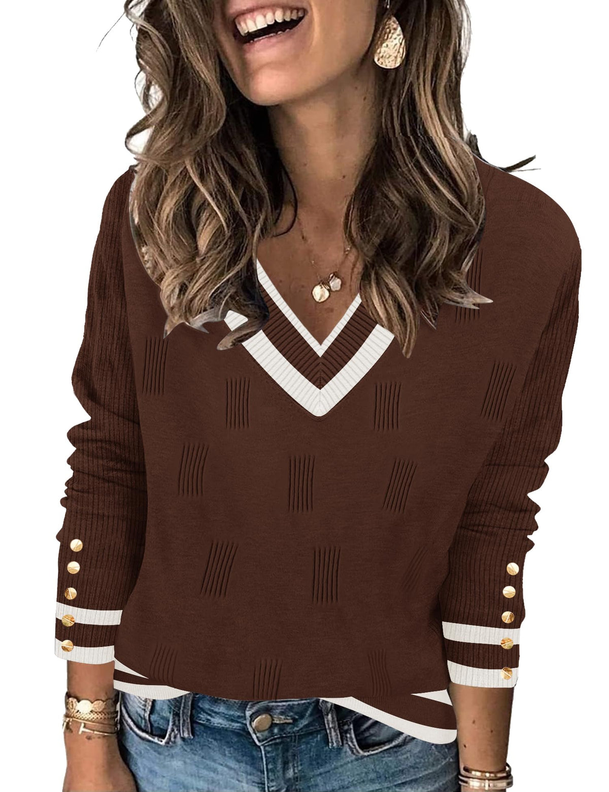 AKEWEI Womens V Neck Sweaters Long Sleeve Lightweight Knit Pullover Tops with Decorative Buttons