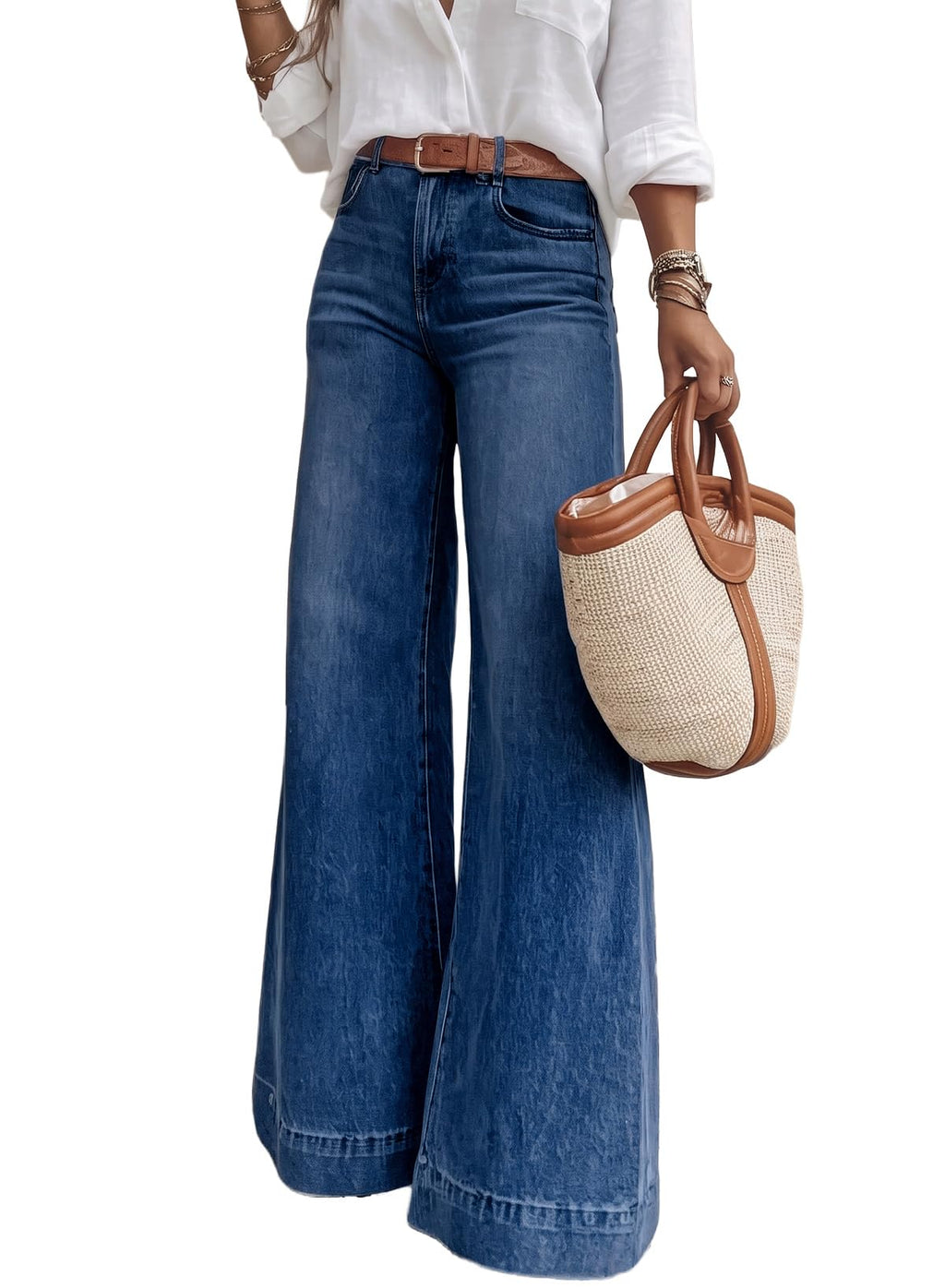 SHEWIN Flare Jeans for Women Wide Leg High Waisted Strechy Loose Casual Denim Pants with Pockets