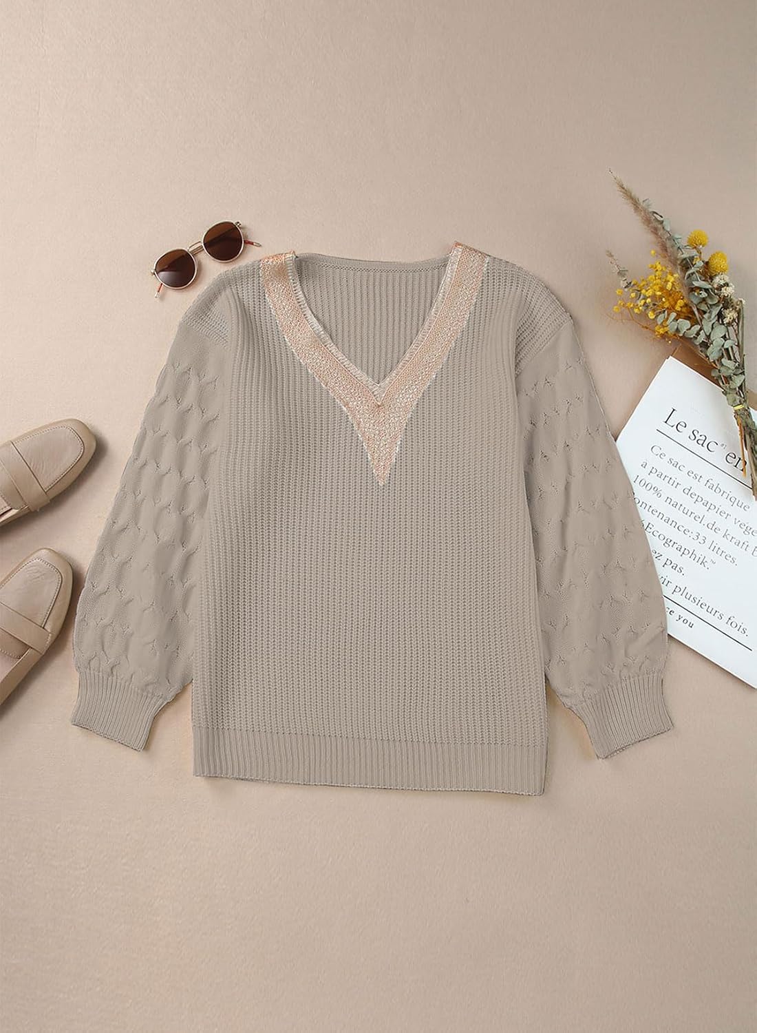 EVALESS Womens Long Sleeve Sweaters Fall 2024 Trendy Sexy Lace V Neck Knit Drop Shoulder Pullover Sweater Jumper Tops