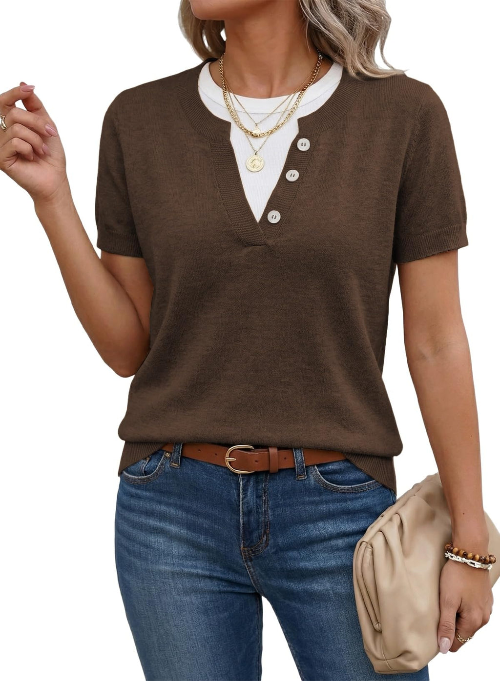 SHEWIN Womens Lightweight Short Sleeve Sweaters Fall Layered Knit Tops