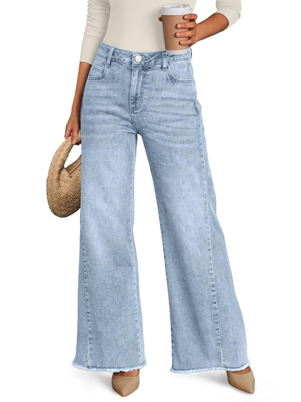 Trendy Queen Women's Wide Leg Jeans, Relaxed Loose with Raw Hem Pants