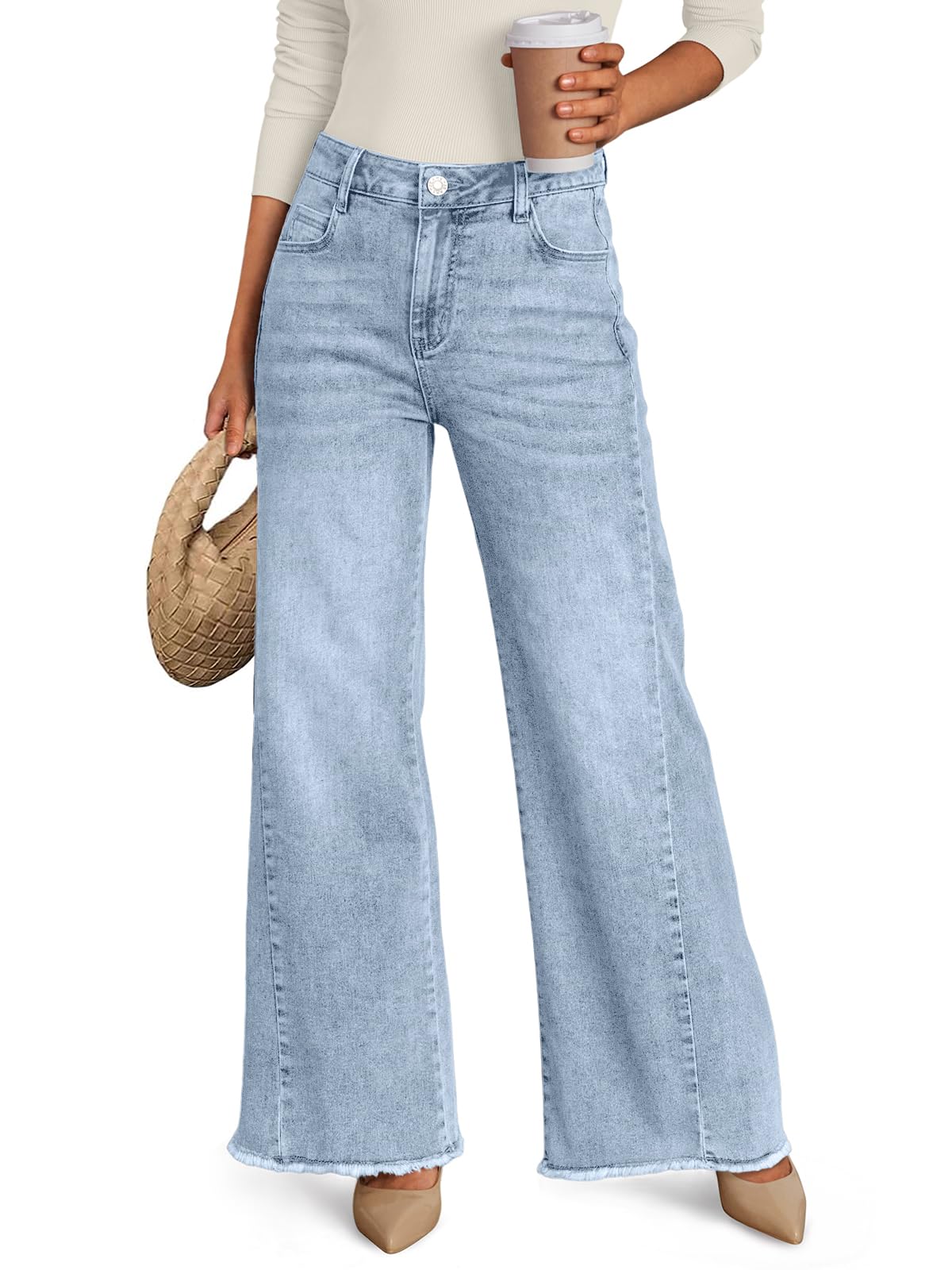 Trendy Queen Women's Wide Leg Jeans, Relaxed Loose with Raw Hem Pants