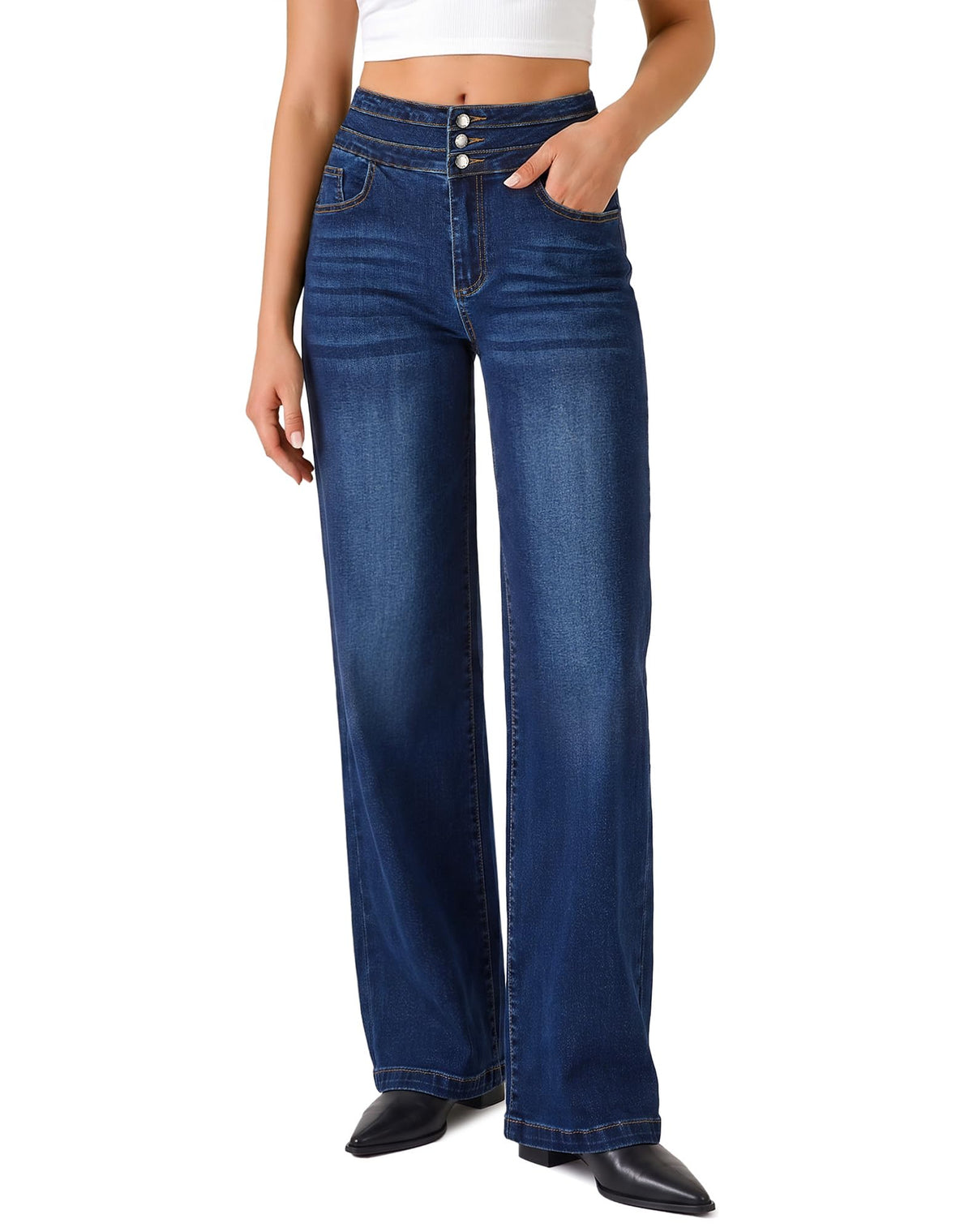 roswear Women's Wide Leg Jeans Casual High Waisted Stretch Baggy Loose Denim Pants