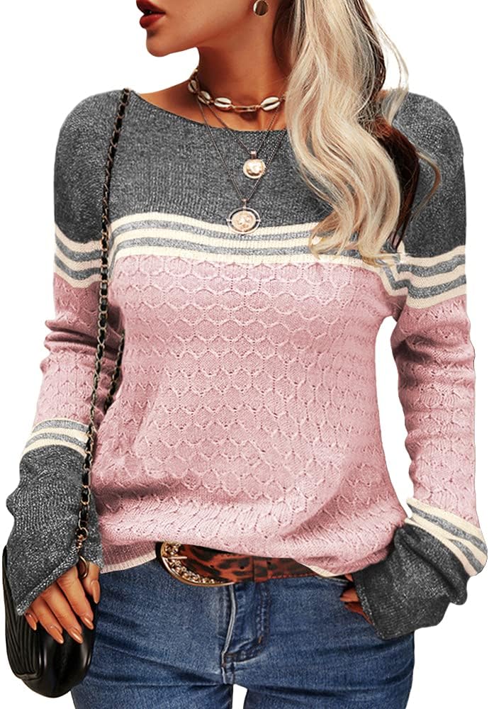 Danedvi Womens Fall Fashion 2026 Sweaters Colorblock Lightweight Striped Crewneck Winter Trendy Pullover Tops