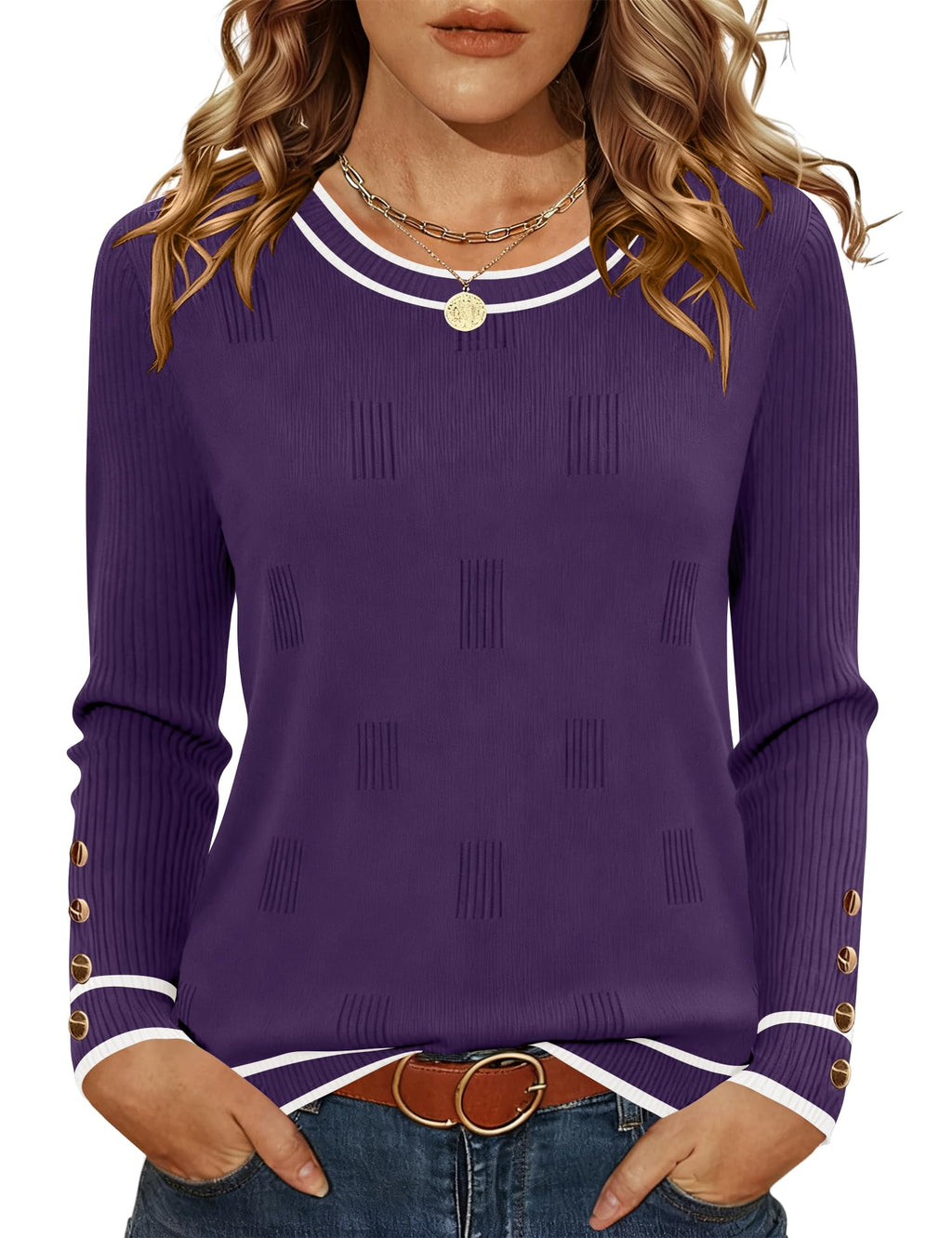 AKEWEI Womens Sweaters Long Sleeve Crew Neck Lightweight Knit Pullover Tops with Decorative Buttons