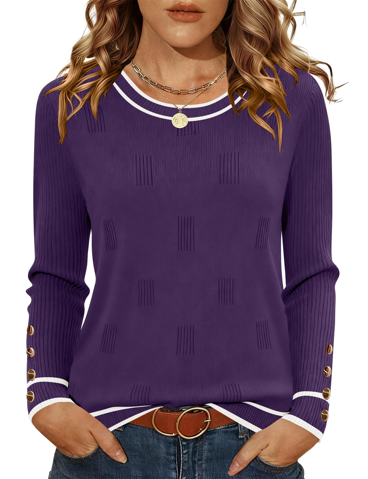 AKEWEI Womens Sweaters Long Sleeve Crew Neck Lightweight Knit Pullover Tops with Decorative Buttons