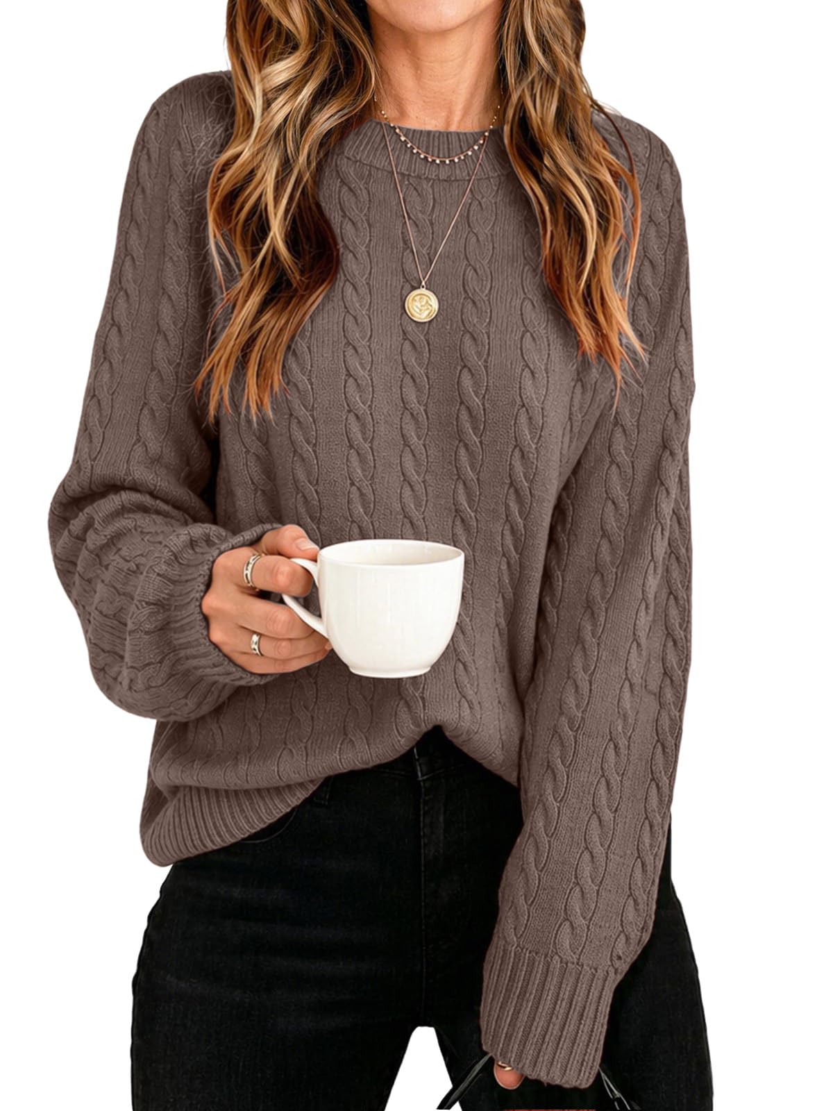 Womens Winter Fall Sweaters 2026 Trendy Cable Knit Long Sleeve Crewneck Tops Casual Outfit Sweater for Women