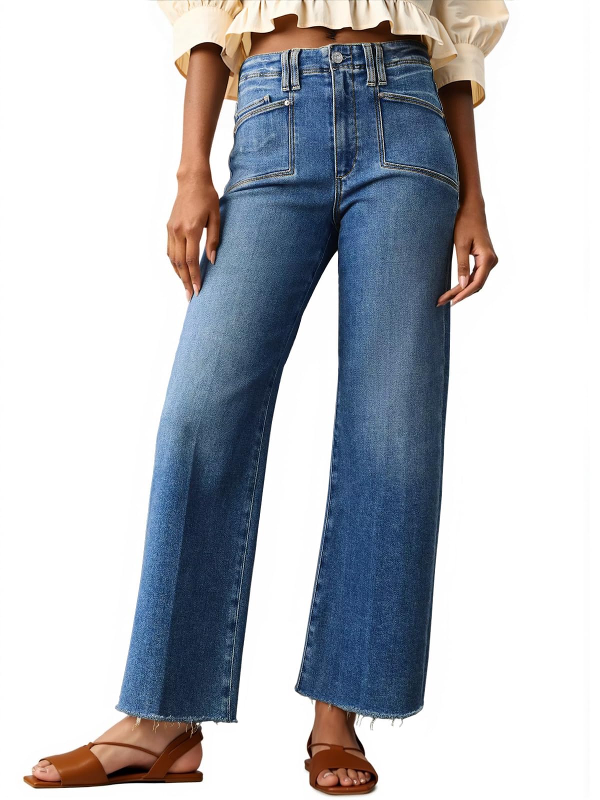 Cicy Bell Womens High Waisted Cropped Jeans Straight Leg Raw Hem Denim Pant