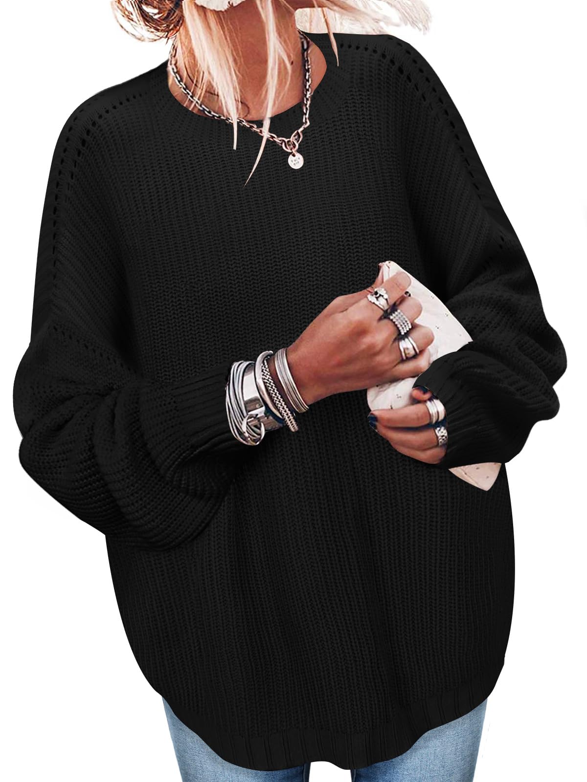 Sweaters for Women Oversized Casual Knit Ribbed Pullover Tunic Tops S-3XL
