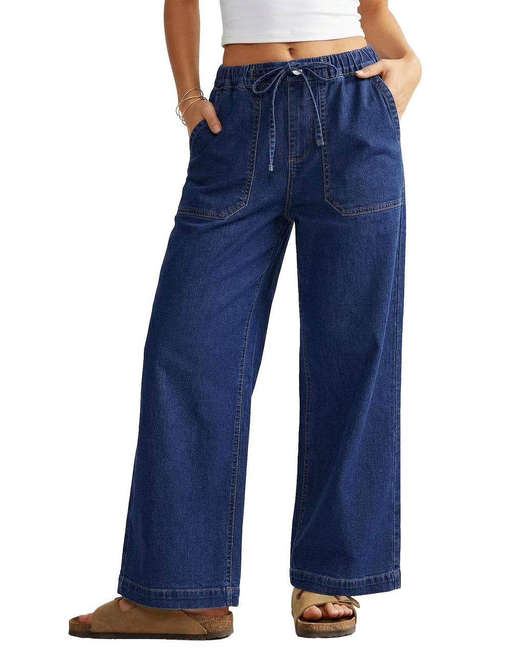 GRAPENT Wide Leg Jeans for Women Trendy High Waisted Drawstring Tie Elastic Waist Stretchy Denim Pants Trouser Jeans