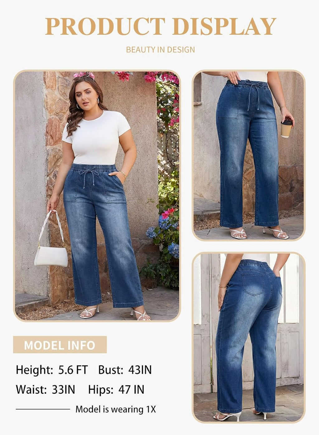 Eytino Womens Plus Size Jeans High Waisted Straight Leg Wide Leg Jean Trendy Stretchy Drawstring Denim Pants(1X-5X)