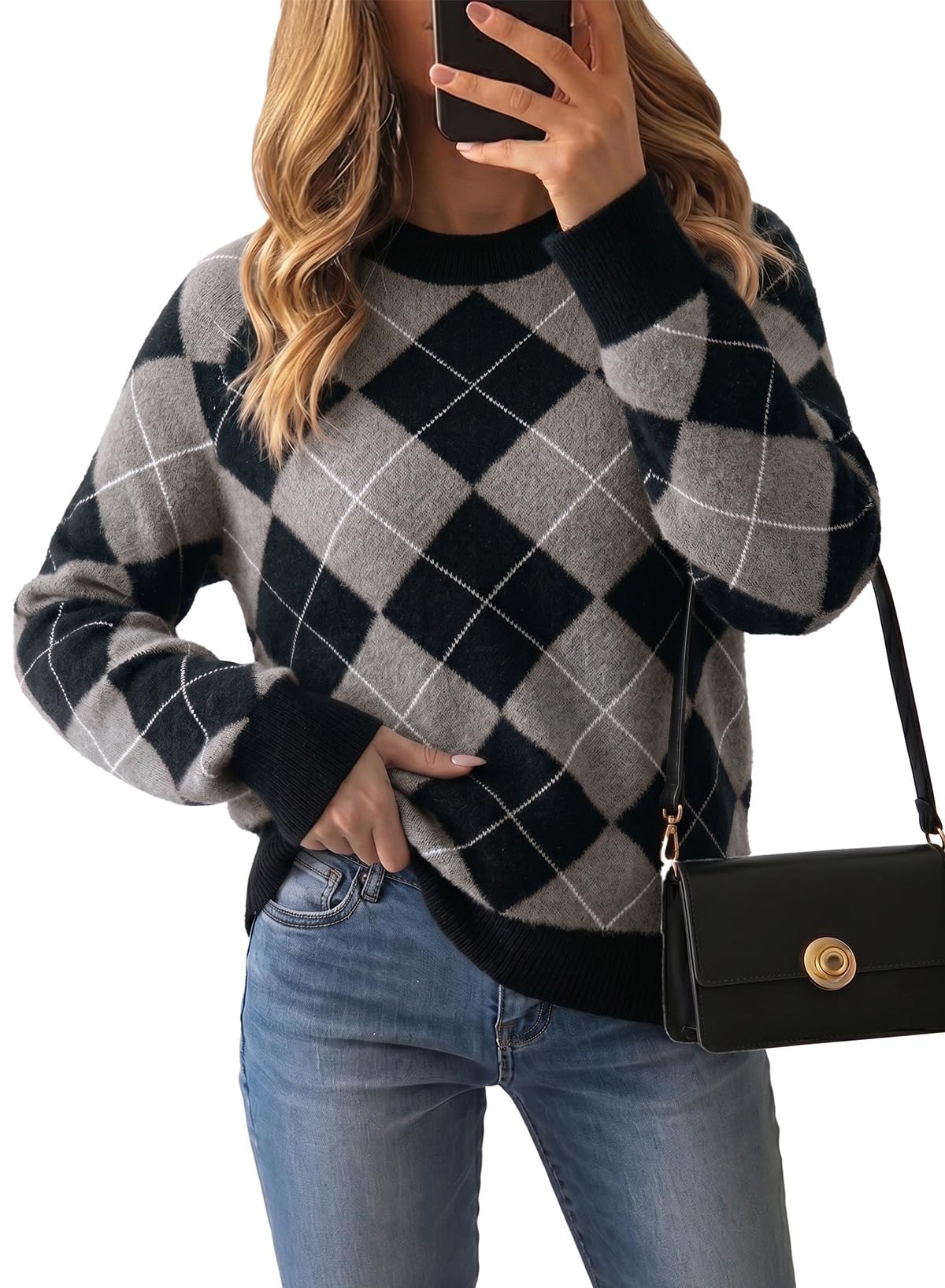 Pink Queen Fall Sweaters for Women Argyle Colorblock Pullover Sweater 2026