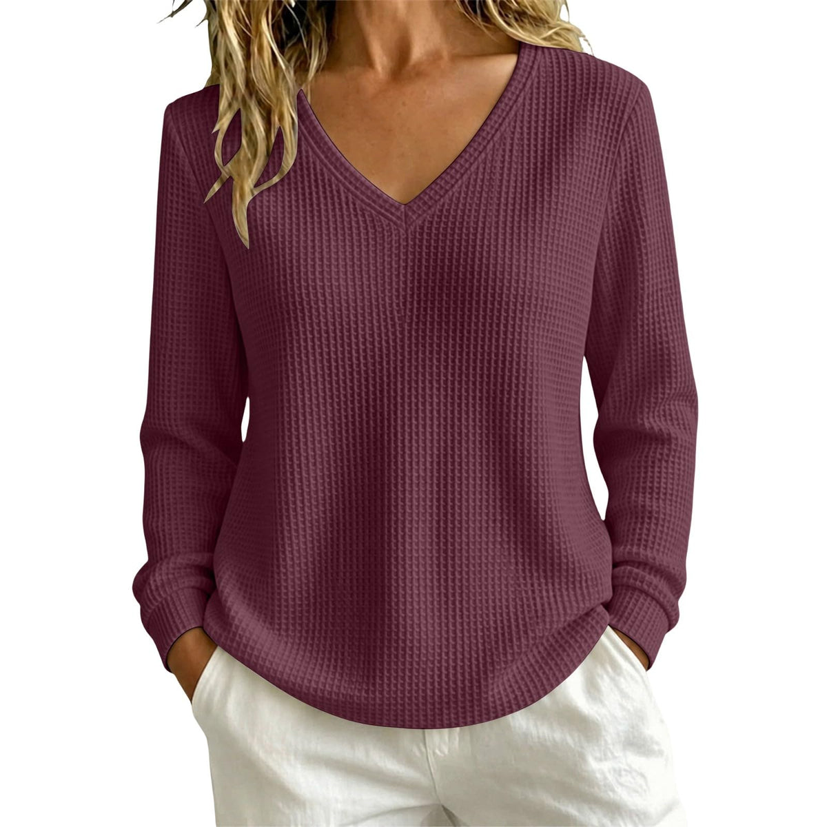 Women’s Lightweight Waffle Knit Sweater V-Neck Loose Fit Pullover