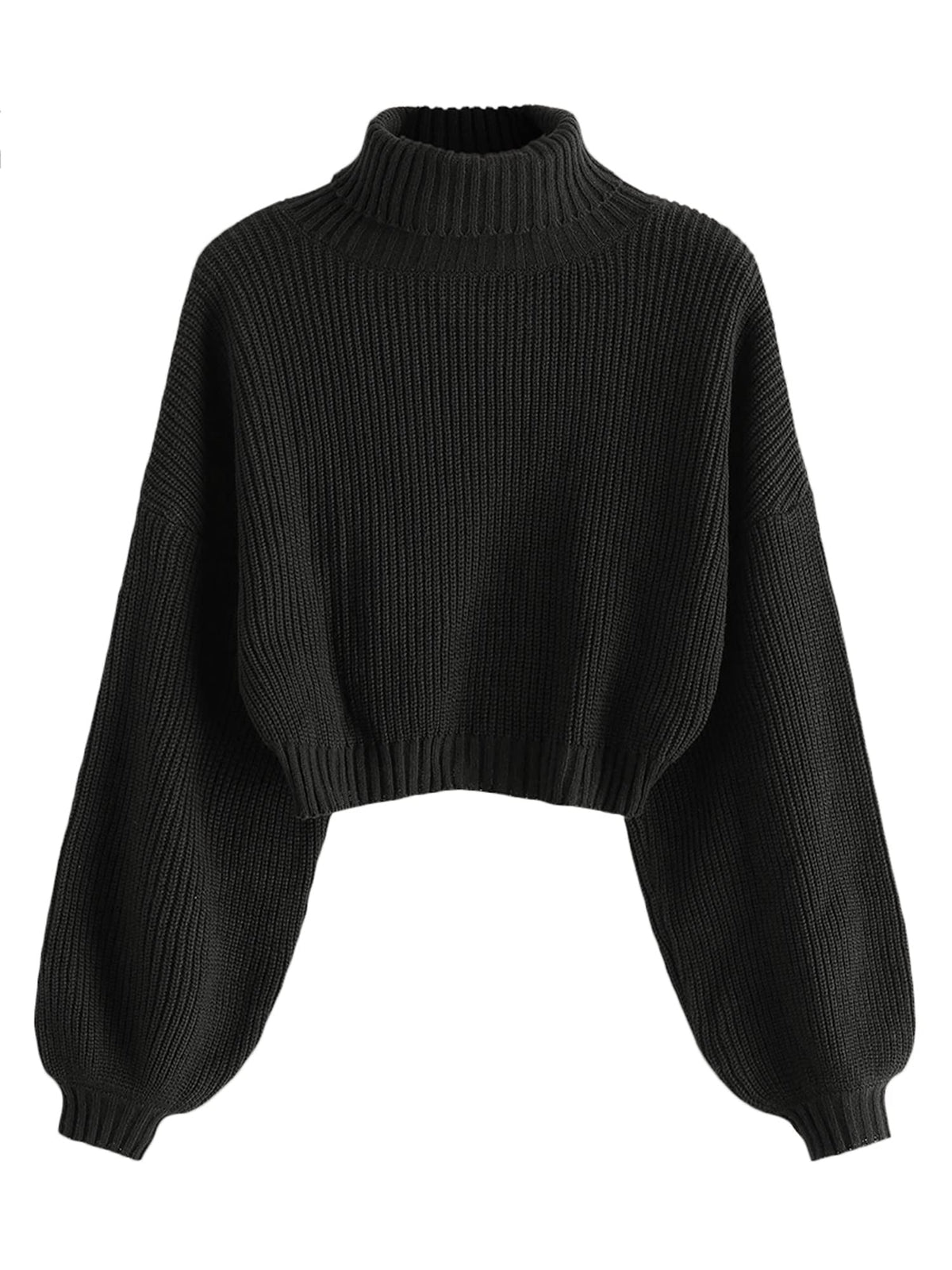 ZAFUL Women's Cropped Turtleneck Sweater Lantern Sleeve Ribbed Knit Pullover Sweater Jumper