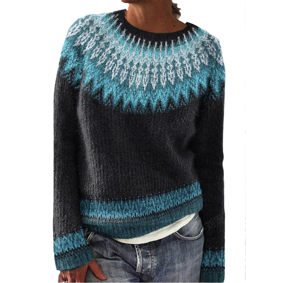 Fair Isle Sweater Women Boho Knitted Vintage Sweaters Casual Crewneck Long Sleeve Lightweight Cropped Pullover Tops