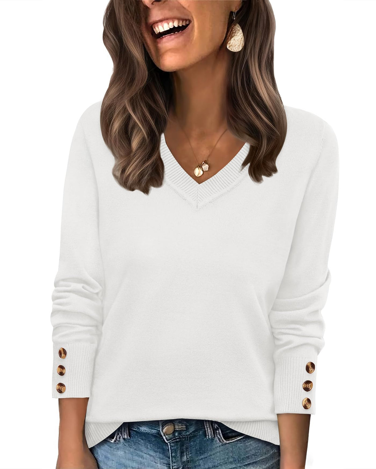 WIHOLL Lightweight Sweaters for Women Long Sleeve V Neck Knit Outfits with Decorative Buttons