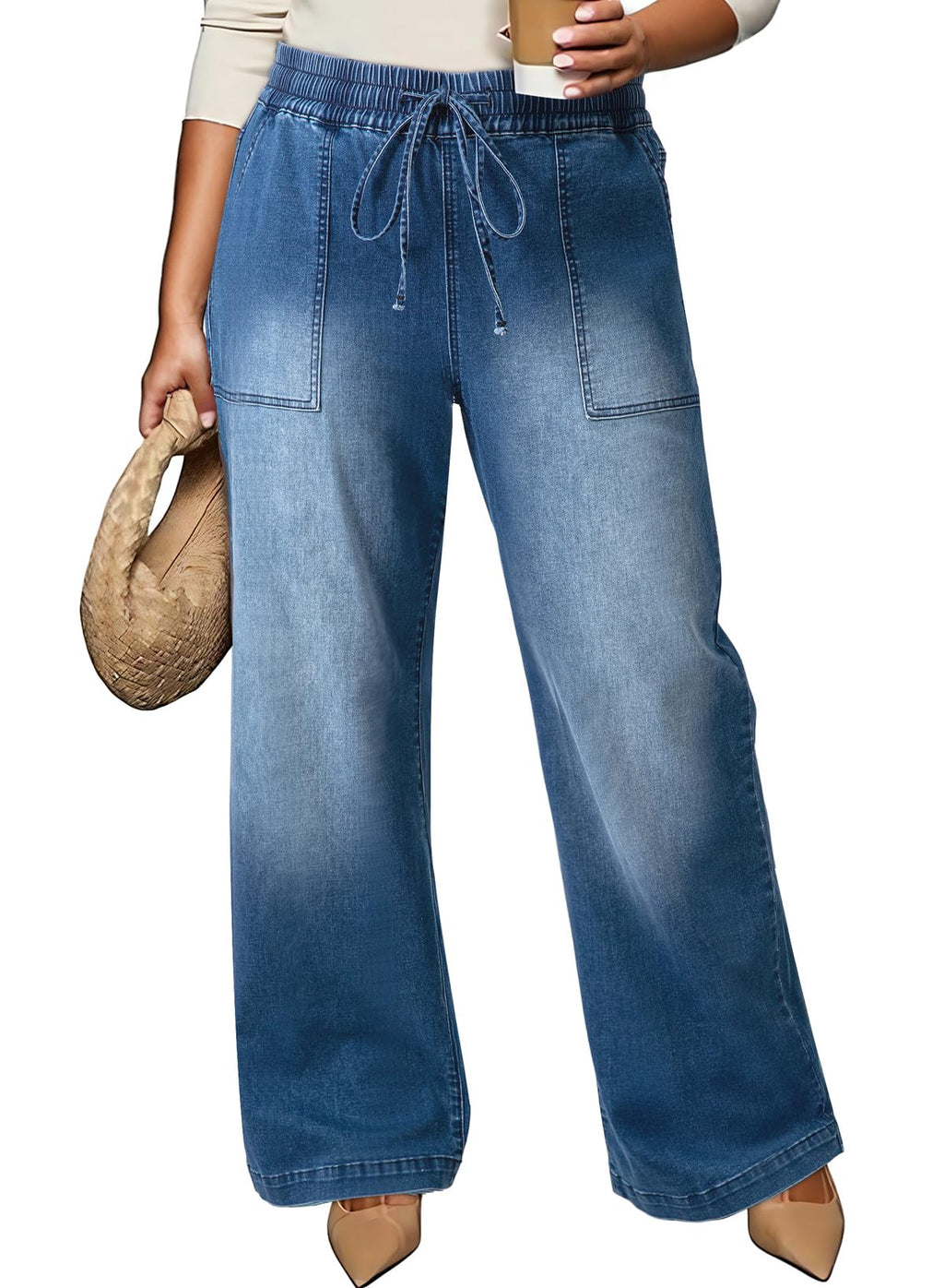 Eytino Womens Plus Size Jeans High Waisted Straight Leg Wide Leg Jean Trendy Stretchy Drawstring Denim Pants(1X-5X)