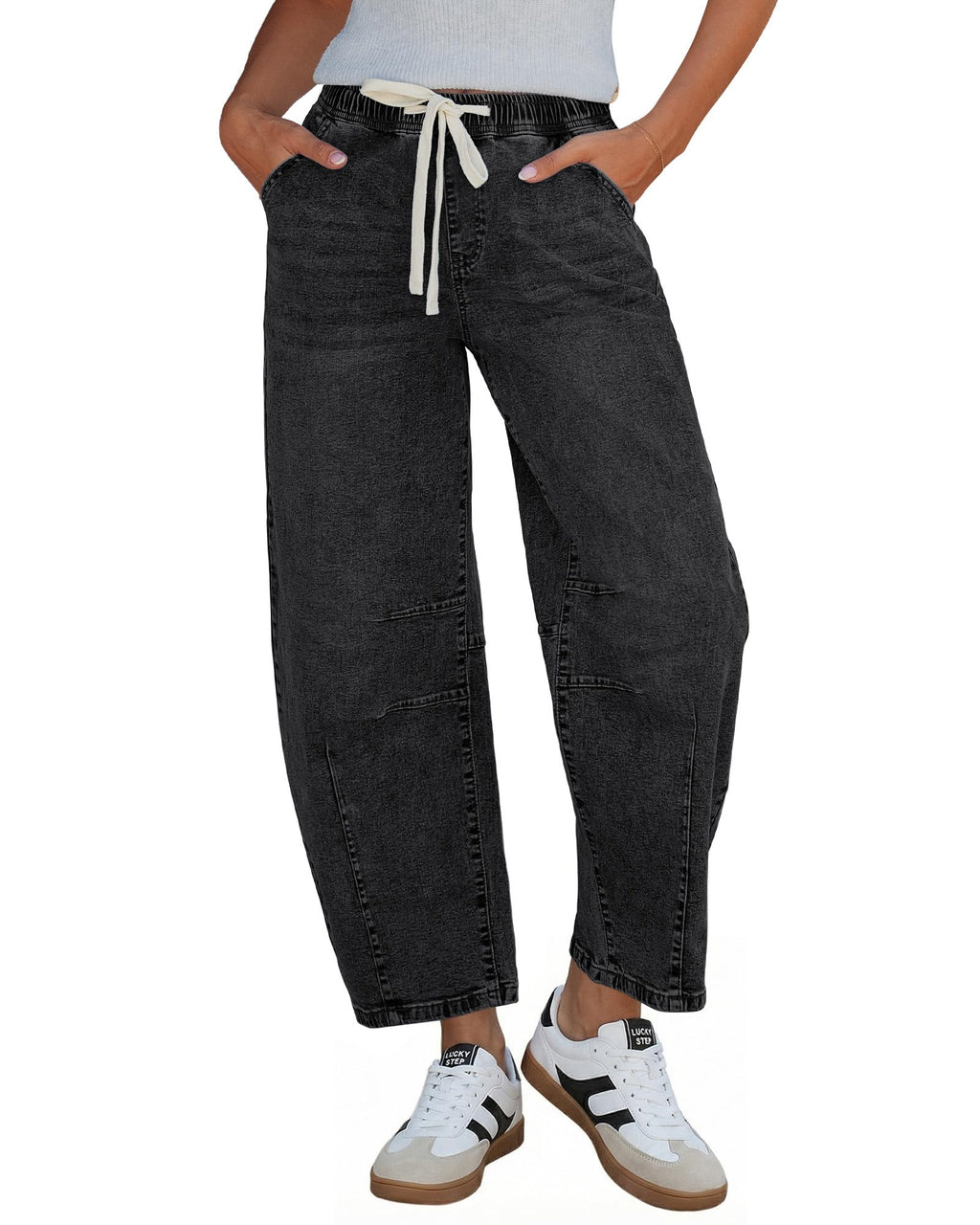 GRAPENT Barrel Jeans Women High Rise Pull On Elastic Waist Crop Denim Pants